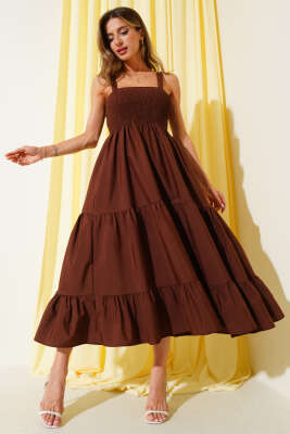 Pazarium - Askılı Önü Gipeli Elbise Kahve