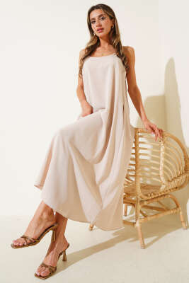 Pazarium - Askılı Basic Şifon Midi Elbise Taş