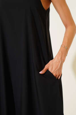 Askılı Basic Şifon Midi Elbise Siyah - Thumbnail