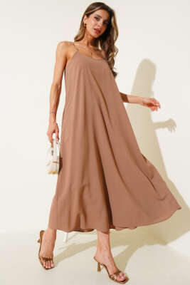 Pazarium - Askılı Basic Şifon Midi Elbise Kahve