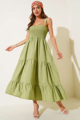 Pazarium - Askılı Önü Gipeli Elbise Yeşil