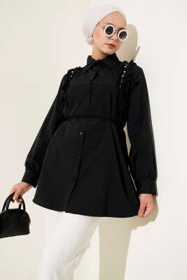 Pazarium - Omuz Fırfırlı İncili Gömlek Siyah
