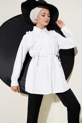 Pazarium - Omuz Fırfırlı İncili Gömlek Beyaz