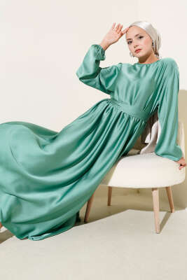 Pazarium - Kloş Beli Lastikli Elbise Abiye Mint