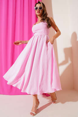 Pazarium - Sırtı Bağlamalı Askılı Elbise Pembe