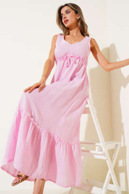 Pazarium - V Yaka Bel Lastikli Müslin Elbise Pembe