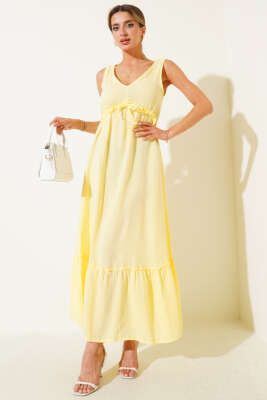Pazarium - V Yaka Bel Lastikli Müslin Elbise Sarı