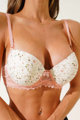 Çiçek Desenli Dantelli Destekli Sütyen Somon - Thumbnail