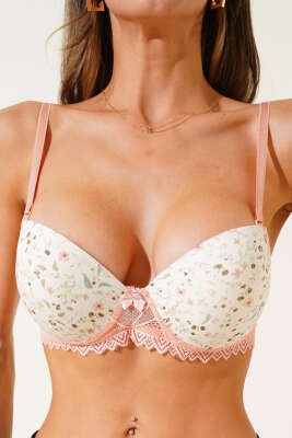 Çiçek Desenli Dantelli Destekli Sütyen Somon - Thumbnail