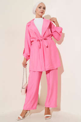 Pazarium - Bel Tünelli Kruvaze Yaka İkili Takım Pembe