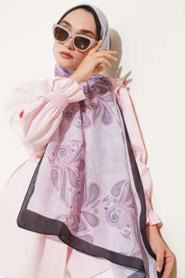 Pazarium - Otantik Yaprak Desen Şal Siyah Gri