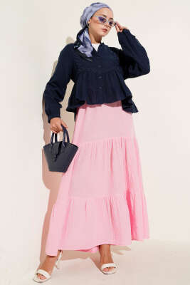 Dantel Detaylı Kısa Bluz Lacivert - Thumbnail