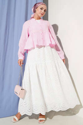 Dantel Detaylı Kısa Bluz Pembe - Thumbnail