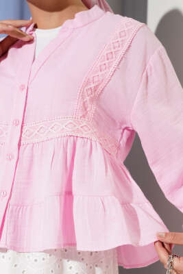 Dantel Detaylı Kısa Bluz Pembe - Thumbnail