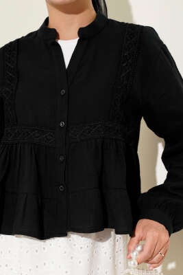 Dantel Detaylı Kısa Bluz Siyah - Thumbnail