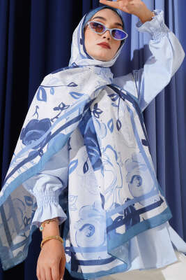 Gül Motifli Şal Indıgo - Thumbnail