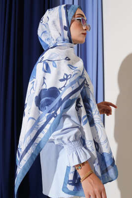 Gül Motifli Şal Indıgo - Thumbnail