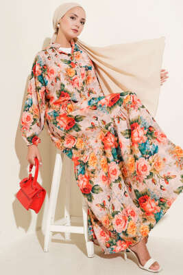 Yarım Düğmeli Gül Desenli Elbise Kırmızı - Thumbnail