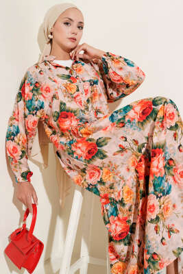 Yarım Düğmeli Gül Desenli Elbise Kırmızı - Thumbnail