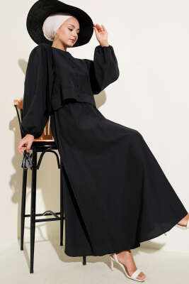 Pazarium - Boncuk Düğmeli Etekli İkili Takım Siyah