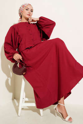 Pazarium - Boncuk Düğmeli Etekli İkili Takım Bordo