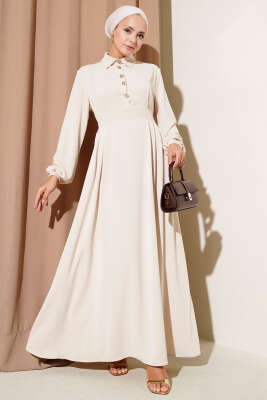 Pazarium - Gold Düğme Detaylı Elbise Bej