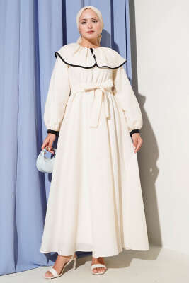 Bebe Yaka Bel Lastikli Elbise Bej - Thumbnail