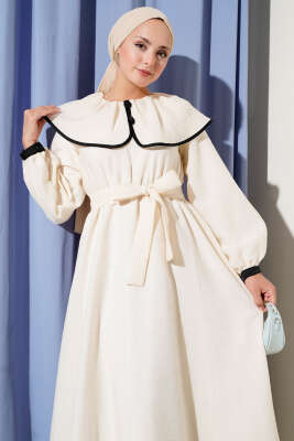 Bebe Yaka Bel Lastikli Elbise Bej - Thumbnail