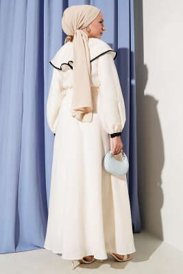 Bebe Yaka Bel Lastikli Elbise Bej - Thumbnail