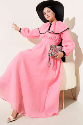 Pazarium - Bebe Yaka Bel Lastikli Elbise Pembe