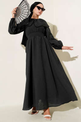 Bebe Yaka Bel Lastikli Elbise Siyah - Thumbnail