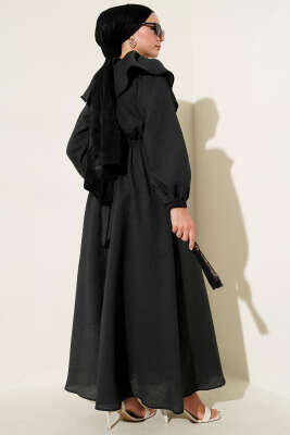 Bebe Yaka Bel Lastikli Elbise Siyah - Thumbnail