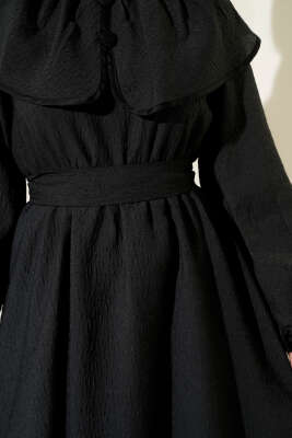 Bebe Yaka Bel Lastikli Elbise Siyah - Thumbnail