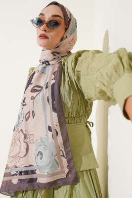 Pazarium - Gül Motifli Şal Koyu Kahve