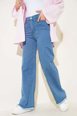 Pazarium - Kuşaklı Geniş Paça Kot Pantolon Orta Mavi