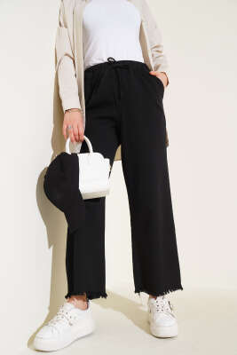 Pazarium - Paça Püsküllü İp Bağcık Detaylı Pantolon Siyah
