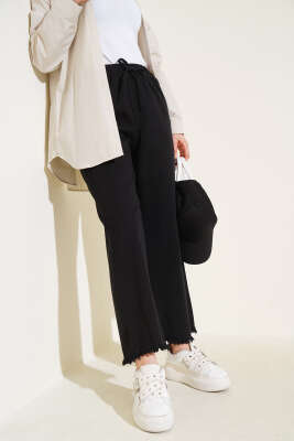 Paça Püsküllü İp Bağcık Detaylı Pantolon Siyah - Thumbnail