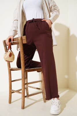 Pazarium - Paça Püsküllü İp Bağcık Detaylı Pantolon Kahve