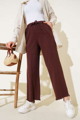 Paça Püsküllü İp Bağcık Detaylı Pantolon Kahve - Thumbnail