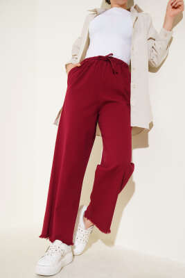 Pazarium - Paça Püsküllü İp Bağcık Detaylı Pantolon Bordo