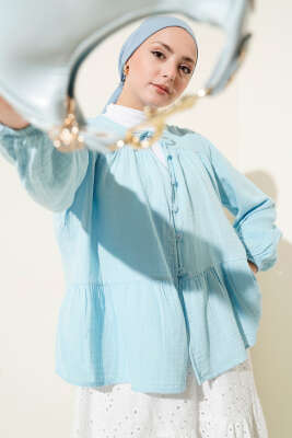 Pazarium - Brit Düğme Detaylı Bluz Mavi