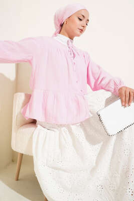 Pazarium - Brit Düğme Detaylı Bluz Pembe