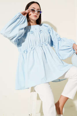 Pazarium - Çiçek Detaylı Kol Lastikli Tunik Bebe Mavi