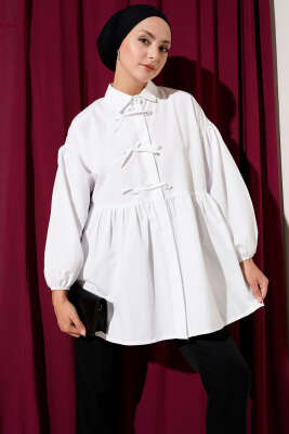 Pazarium - Brit Fiyonk Düğme Detaylı Gömlek Beyaz