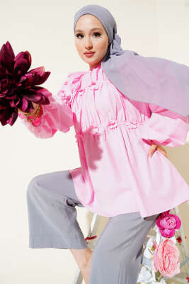 Çiçek Detaylı Kol Lastikli Tunik Pembe - Thumbnail