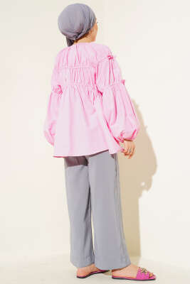 Çiçek Detaylı Kol Lastikli Tunik Pembe - Thumbnail