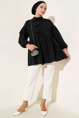 Brit Fiyonk Düğme Detaylı Gömlek Siyah - Thumbnail