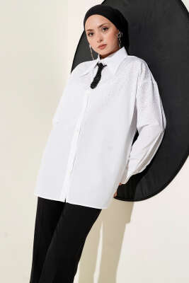 Mini Taşlı Sivri Yaka Gömlek Beyaz - Thumbnail