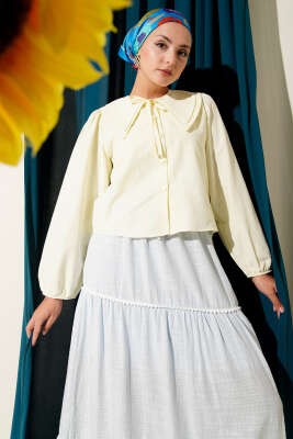 Pazarium - Bebe Yaka Fiyonklu Kısa Gömlek Sarı