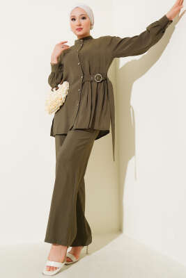Yan Kemerli Düğmeli İkili Takım Haki - Thumbnail
